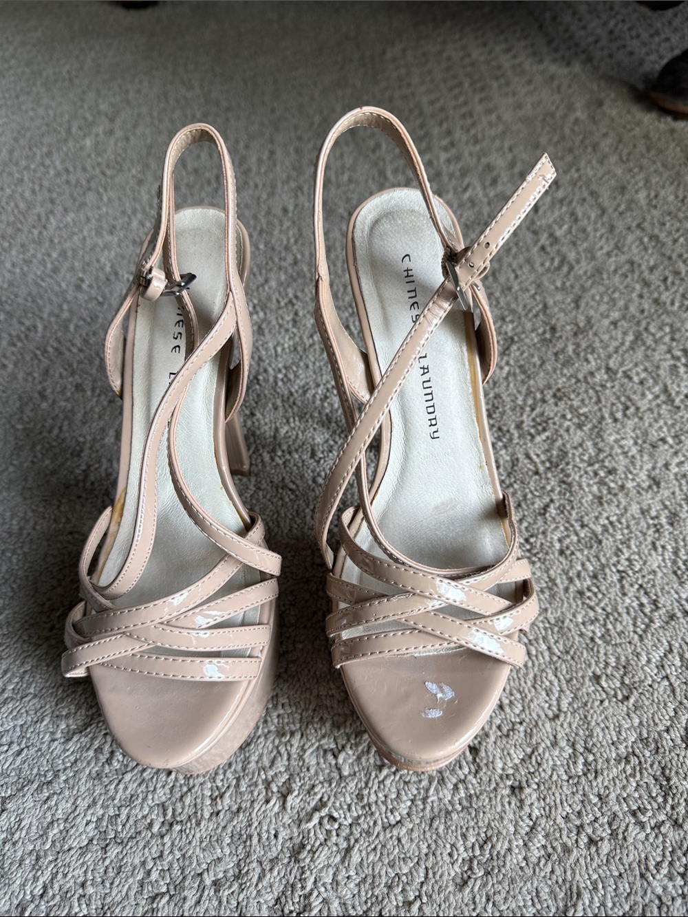 Chinese Laundry Nude Patent Crisscross Slingback Heels